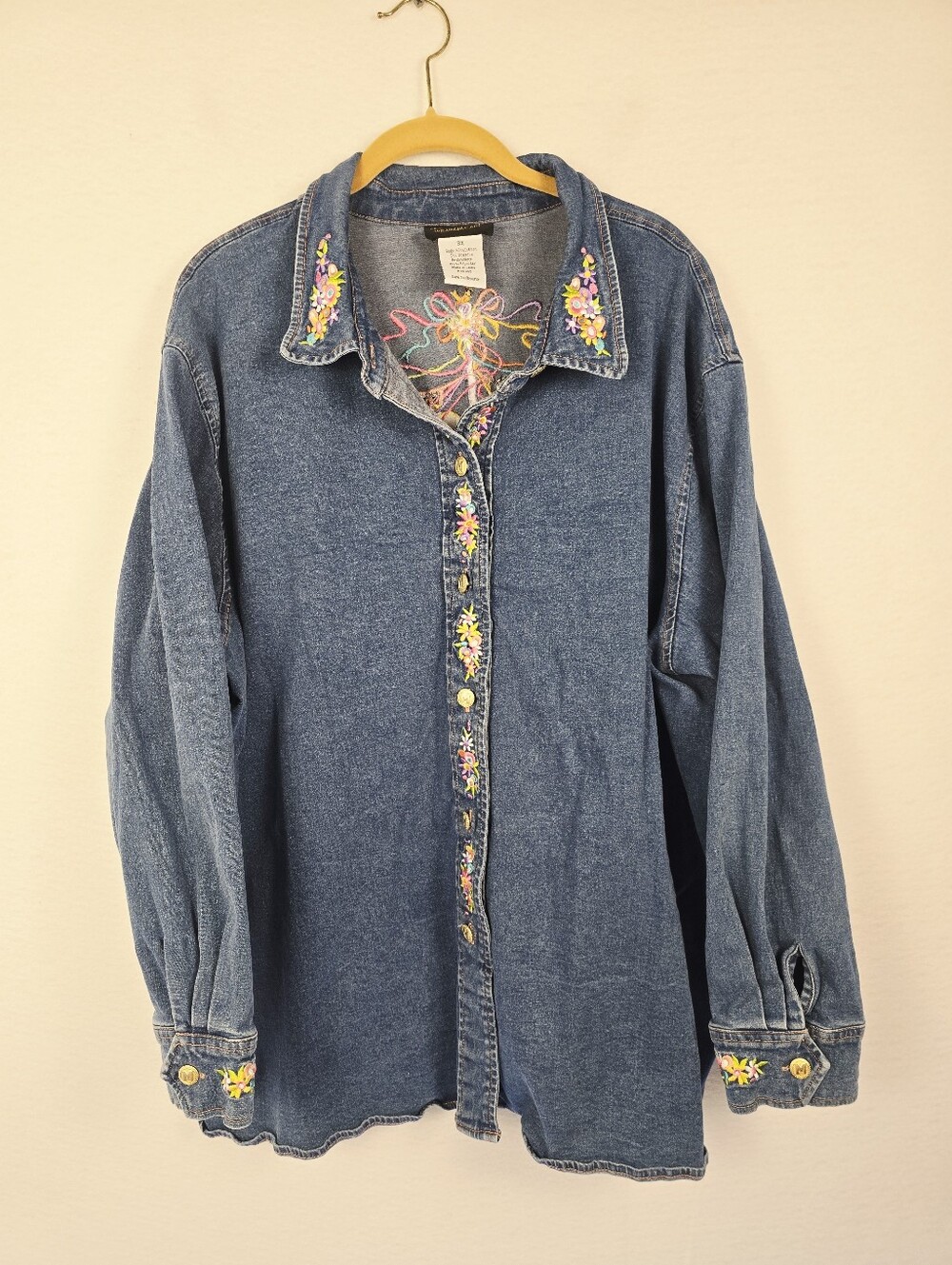 Vtg 90s BOB MACKIE pastel Embroidered L Sleeve Denim Artsy Shirt. Ladies 3X - Picture 2 of 12